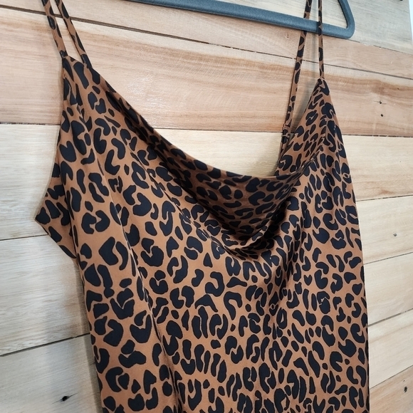 Good American Brown Black Chai Leopard Satin Midi Slip Dress woven Intimate - Picture 9 of 16